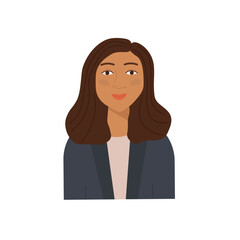 a modern young woman in a blue blazer . long dark hair. Avatar for a social network. illustration isolated on white background. Portrait indian woman entrepreneur