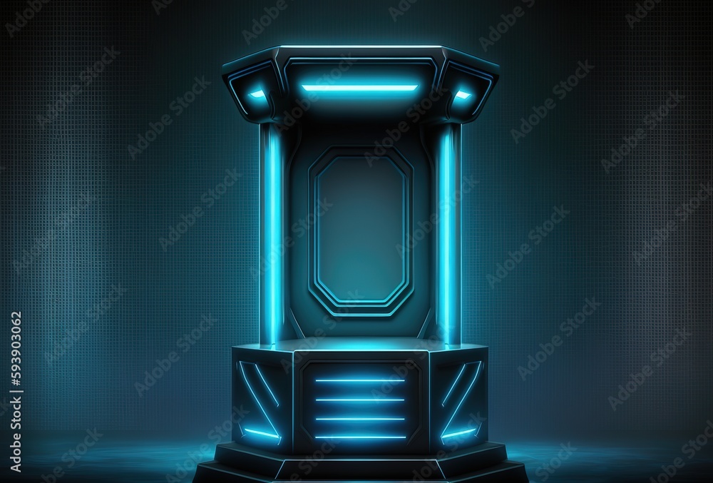 Poster scifi empty podium with blue neon light for product display generative ai