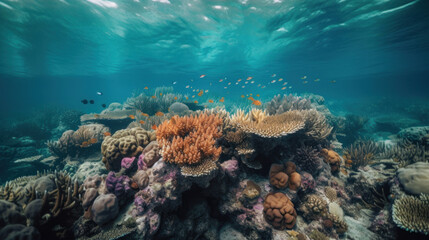 Fototapeta na wymiar Fond marin, récif de corail multicolore dans mer tropicale