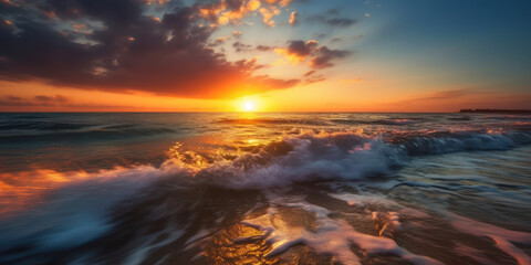 vague et écume de mer au soleil couchant