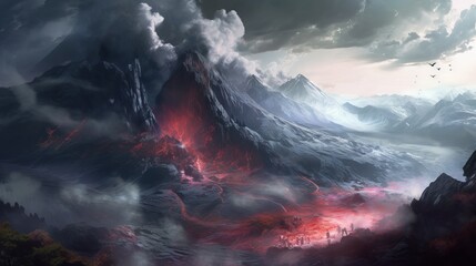 Volcano mountain eruption with pink lava and dark clouds, epic photo concept. Generative ai