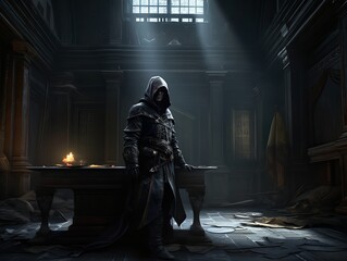 Fictional male character as an assassin in the dark room, suitable for game concept art. Generative ai