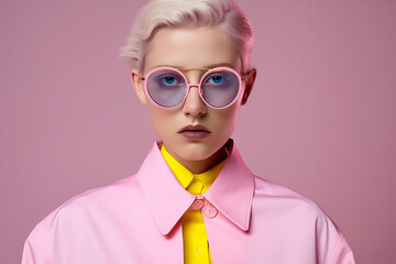 woman head creative fashion hat colourful glasses beauty art latex portrait. Generative AI.