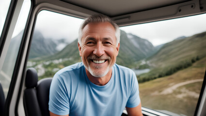 Smiling man sitting in van camper. Road trip on retirement. Generative AI