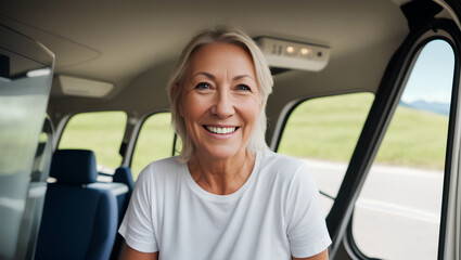 Portrait of happy woman with blond hair sitting in car camper on holidays. Generative AI