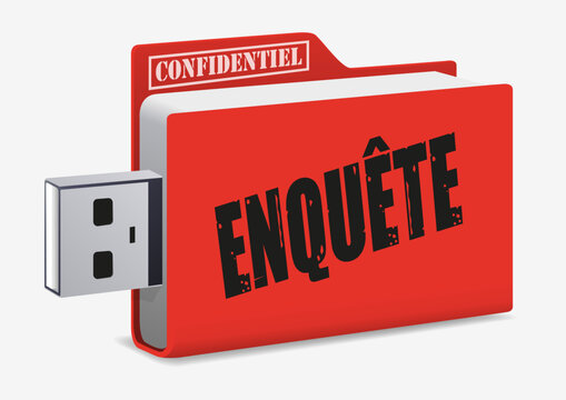 Concept des informations confidentielles et des lanceurs d’alerte avec une clé USB sur laquelle est écrit le mot, enquête.