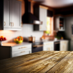 Wooden desk of free space and kitchen interior with firniture. 