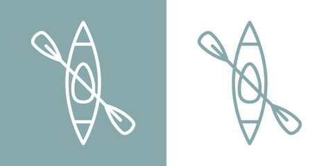 Icono kayak. Logo aislado con silueta lineal de remo cruzado sobre kayak o canoa