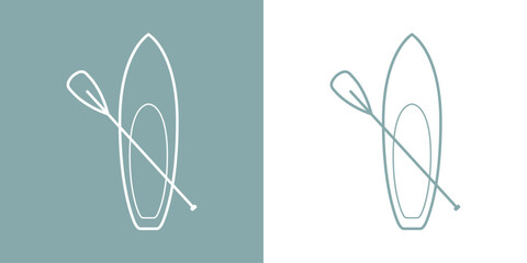 Logo club de paddle surf. Silueta lineal de tabla de paddle surf con remo cruzado	