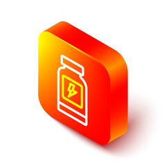 Isometric line Energy drink icon isolated on white background. Orange square button. Vector