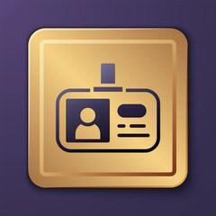 Purple Identification badge icon isolated on purple background. It can be used for presentation, identity of the company, advertising. Gold square button. Vector