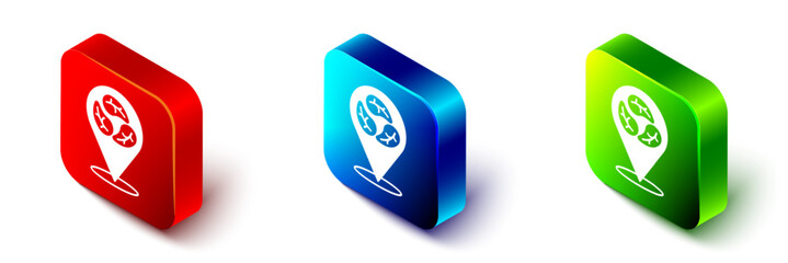 Isometric Vegan food diet icon isolated Isometric background. Organic, bio, eco symbol. Vegan, no meat, lactose free, healthy, fresh and nonviolent food. Red, blue and green square button. Vector