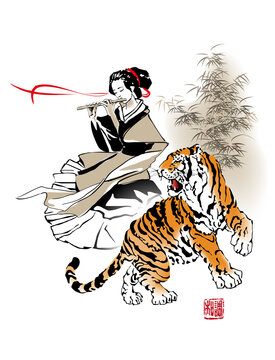A young girl with a flute and a tiger. Text - "Harmony". Illustration in traditional oriental style.