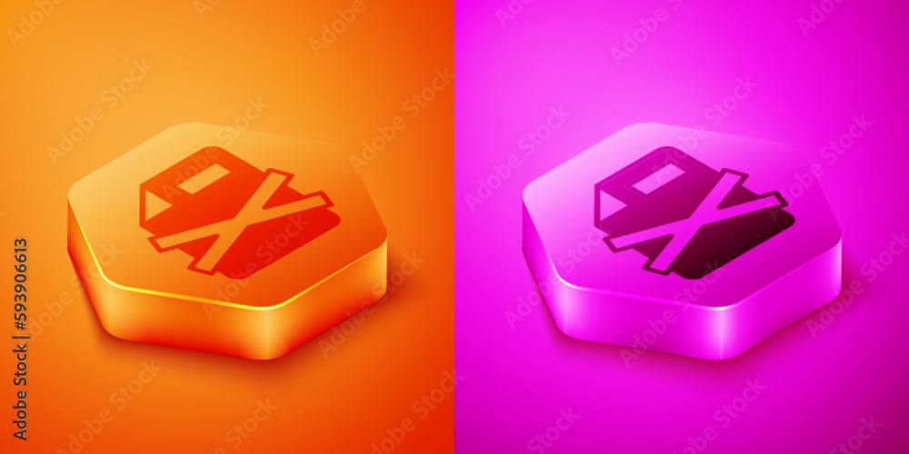 Poster isometric delete file document icon isolated on orange and pink background. rejected document icon. 
