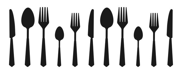Set of silhouettes kitchen tools fork spoon knife for cutting culinary banner with place for your text vector illustration isolated on white background