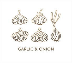 Onion and garlic linear set icons. Logo vegan food. Ripe root. Spices sliced vegetable. Vector contour illustration. Symbol of farm, restaurant food, health, diet, eco-friendly alternative medicine.