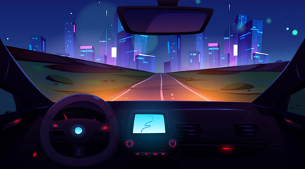 Fototapeta na wymiar Car drive night road to city cartoon illustration. Cockpit inside view interior with dashboard vector. Street neon light in futuristic downtown architecture. Empty unmanned vehicle navigation