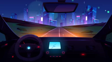 Vlies Fototapete Cartoon-Autos Car drive night road to city cartoon illustration. Cockpit inside view interior with dashboard vector. Street neon light in futuristic downtown architecture. Empty unmanned vehicle navigation