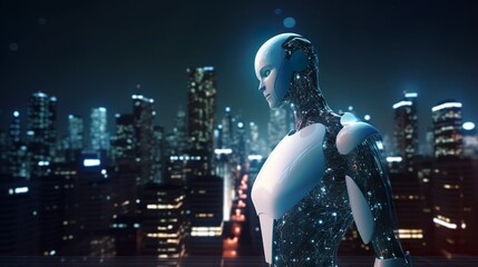 Fototapeta na wymiar A captivating photo of a humanoid robot, gazing out over a sprawling futuristic cityscape, Generative AI