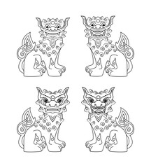 Line art vector of Shisa legendary creature guardian lions of Okinawa island Japan drawing in black and white