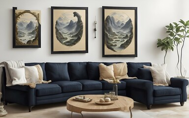 Photo of a cozy living room with elegant furniture and beautiful paintings on the walls