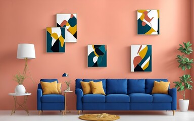Photo of Living Room with Vibrant Pink Walls and Complementary Blue Couches