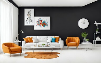 Photo of a modern living room with a minimalist white couch and bright orange chairs