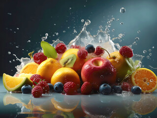 Fototapeta na wymiar Sliced fruits surrounded by water splashes. Photorealistic Generative AI. Vegetarian vitamin food digital photo. Ai art