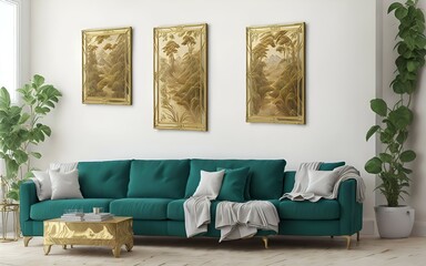 Photo of a cozy living room with a green couch and two colorful paintings on the wall