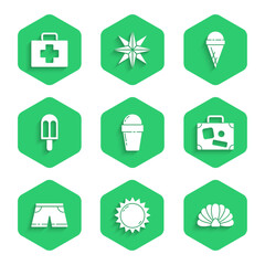 Set Ice cream in waffle cone, Sun, Scallop sea shell, Suitcase, Swimming trunks, and First aid kit icon. Vector
