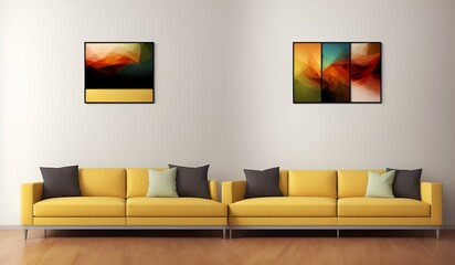Photo of a modern living room featuring a vibrant yellow couch and colorful artwork on the walls