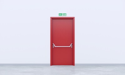 Fire exit  red metal door in white  sapce  building . 3d rendering