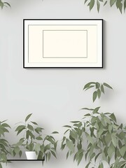Photo of a framed artwork hanging on a wall next to a lush green potted plant