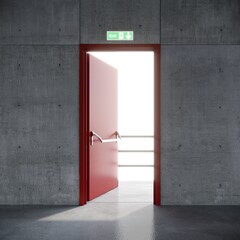 Fire exit  red door in concrete sapce  building. 3d rendering