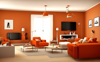 Photo of a cozy living room with warm orange walls and furniture