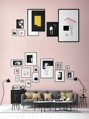 Photo of a cozy living room with pink walls and eclectic wall decor