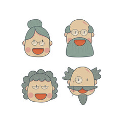 Set of elderly people faces. Happy seniors, old men and women of different background isolated on white background. Set of color vector illustrations.