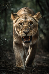 Naklejka na ściany i meble Wild lion roaring aggressively. Jungle forest savannah running generative ai