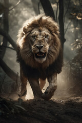 Obraz premium Wild lion roaring aggressively. Jungle forest savannah running generative ai