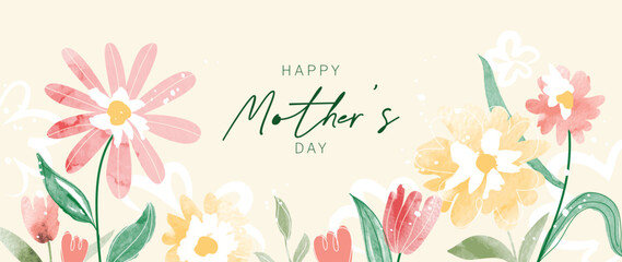 Happy mother's day background vector. Watercolor floral wallpaper design with colorful wild flowers, meadow. Mother's day concept illustration design for cover, banner, greeting card, decoration. - obrazy, fototapety, plakaty