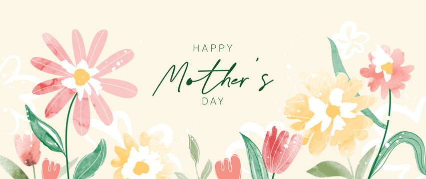 Happy mother's day background vector. Watercolor floral wallpaper design with colorful wild flowers, meadow. Mother's day concept illustration design for cover, banner, greeting card, decoration.
