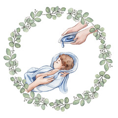 Watercolor Illustration of a Little baby Going Through a Catholic Baptism. Christening, church. Design for invitation, cards
