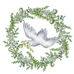 White dove in a round wreath of green leaves and buds watercolor illustration for a easter, christening