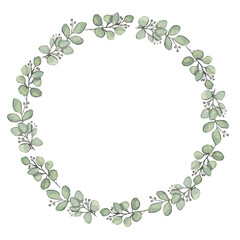 round green frame with eucalyptus leaves. For invitations, cards, design, weddings, bachelorette parties, christenings