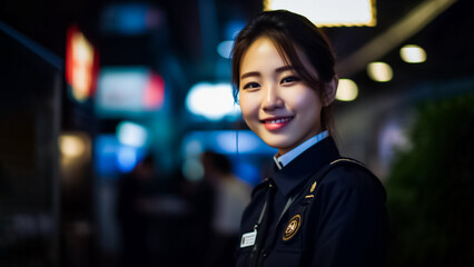 An Asian police woman dressed in her police uniform stands in a public area, and she has a smile on her face. generative AI