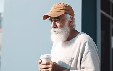 Senior older modern man drinking take away coffee and enjoys life. Generative AI
