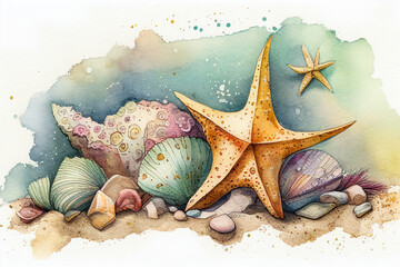 Watercolor Starfish And Sea Shells On Beach With White Background - Generative AI