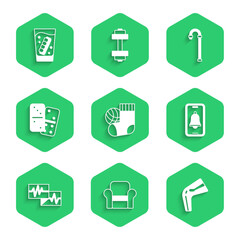Set Socks, Armchair, Bone pain, Emergency phone call, Monitor with cardiogram, Domino, Walking stick cane and False jaw glass icon. Vector