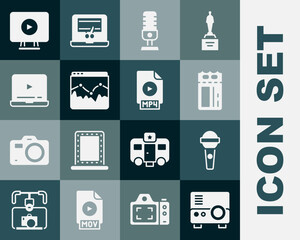 Set Media projector, Microphone, Cinema ticket, Music wave equalizer, Online play video, and MP4 file document icon. Vector