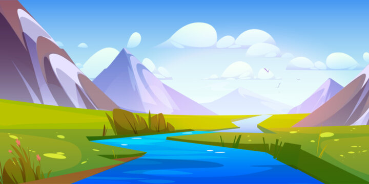 River water stream and mountain view landscape illustration. Beautiful vector cartoon outdoor nature scenery. Green grass valley, summer brook flow at sunny day. Blue sky with clouds, flying birds